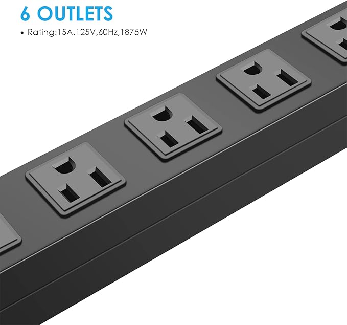 2Pack Metal Wall Mount Power Strip, Mountable Power Outlet with 6 AC Outlets, Aluminum Alloy Mount Power Socket with Switch, 6 FT SJT 3/C 14AWG Power Cord, 15A 125V 1875W (6AC)