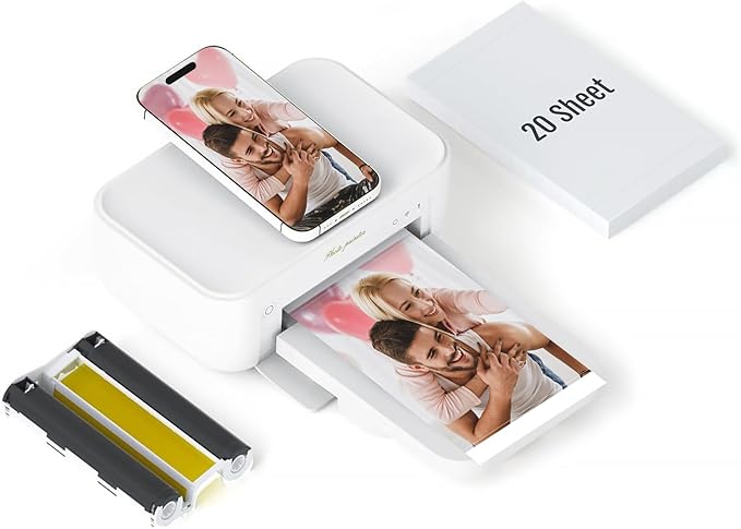 HPRT 4x6 Photo Printer, +20 Sheets&1 Ribbon, Picture Printer for iPhone, Android, Portable Dye-Sublimation, AR Video Printing(White)
