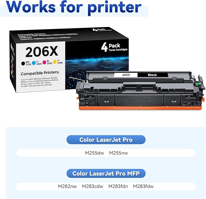 206X High Yield Toner Cartridge 4Pack Compatible with HP 206X 206A Toner Set for HP Color Laserjet Pro M255dw M255nw MFP M283fdw M283cdw M282nw M283fdn Ink(Black/Cyan/Yellow/Magenta
