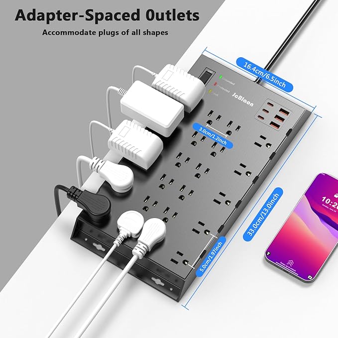22 Outlets & 6 USB Big Power Strip, Jcblaon Surge Protector with 3USB C & 3USB A Charging Ports, 6.5ft Flat Plug Heavy Duty Extension Cord(1875W/15A),2100J, 14AWG,Wall Mountable for Garden,Shed, Black