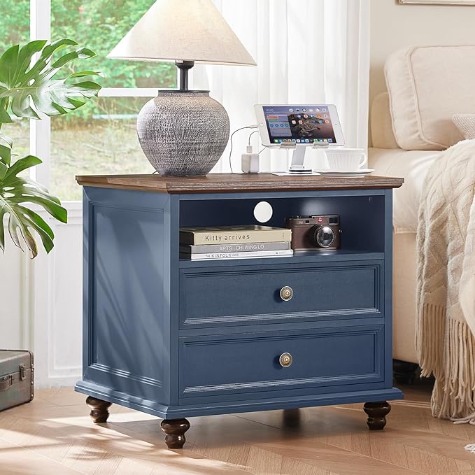24" Wide Farmhouse Nightstand Set of 2 with Charging Station,End Table with 2 Drawers,Blue Wood Dresser for Bedroom Cabinet, Bed Side Table Chest of Drawers, Night Stand for Living Room, Closet