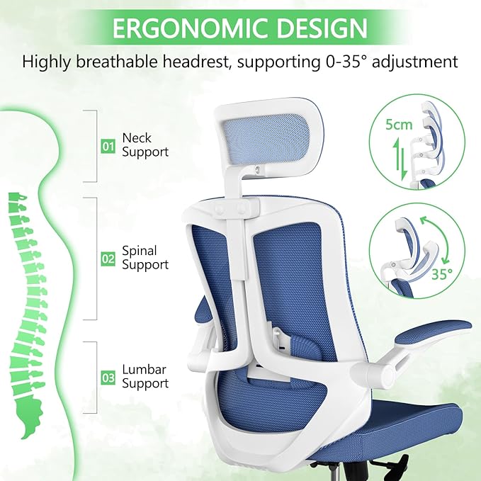 Home Office Chair,Ergonomic Big and Tall Office Desk Chair with Flip-up Arms/Headrest/Adjustable Lumbar Support/Tilt Function/450 lbs Heavy Duty Office Chair-Mesh (Blue)