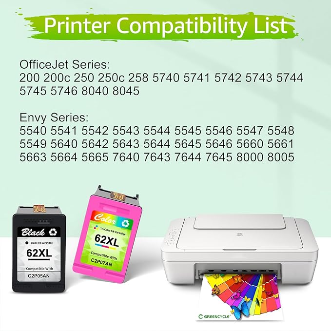 GREENCYCLE 62XL Black Ink Cartridge Replacement for HP 62 XL C2P05AN Remanufactured Cartridges Compatible for Envy 5540 5640 5660 7644 7645 OfficeJet 5740 8040 OfficeJet 200 250 Series Printer, 2 Pack