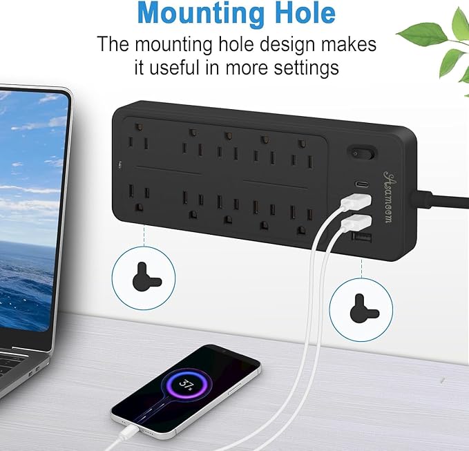 25 FT Power Strips with Surge Protection 1625W/13A,10 Outlets with 4 USB Ports (1 USB C) Long Extension Cord with Multiple Outlets 14-in-1 1700J 16Awg Flat Plug Power Strip Protector Black ETL Listed
