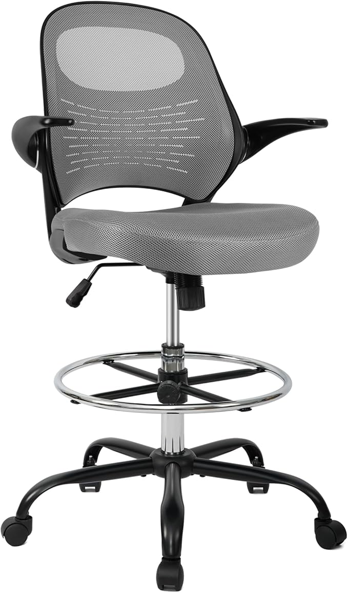 HYLONE Tall Drafting Chair Standing Desk Chair with Flip-Up Armrests, Adjustable Height Ergonomic Office Chair with Footrest Ring - High Stool Chair for Standing Desk(Grey)