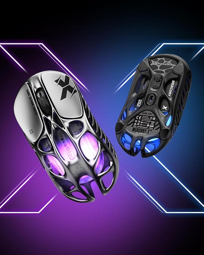 GravaStar Mercury X Wireless Gaming Mouse β 32,000 DPI PAW 3950 Sensor, 1000Hz Polling Rate, Only 49g, Magnesium Alloy Hollow Frame, RGB Lighting, 5 Programmable Buttons