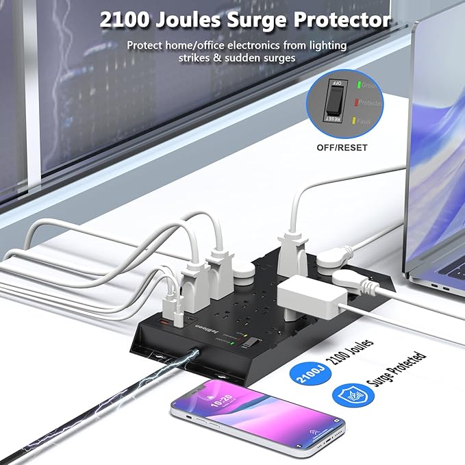 22 Outlets & 6 USB Big Power Strip, Jcblaon Surge Protector with 3USB C & 3USB A Charging Ports, 6.5ft Flat Plug Heavy Duty Extension Cord(1875W/15A),2100J, 14AWG,Wall Mountable for Garden,Shed, Black