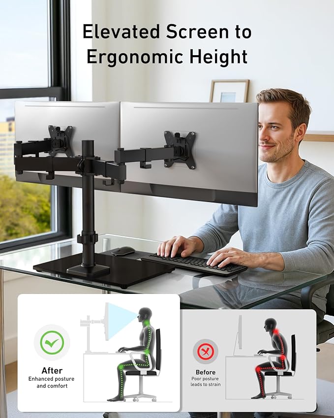 HUANUO Freestanding Dual Monitor Stand, 32 Inch Dual Monitor Mount for 2 Screens, Holds up to 22 lbs per Arm, Monitor Arm Riser with Tempered-Glass Base, Tilt, Swivel, Rotation, Black