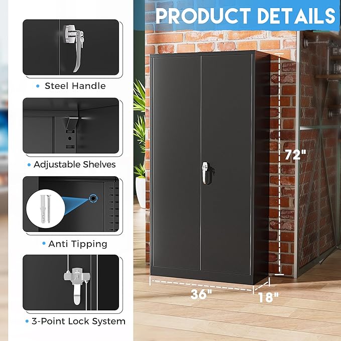 Greenvelly Metal Storage Cabinets 72” Black Garage Steel Storage Cabinet with Doors and Shelves, Metal Tool Cabinet, Steel File Cabinet for Home Office, Basement, Warehouse, Classroom(Anti Tipping)