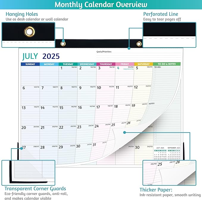 2025-2026 Desk Calendar β Shipped Flat, Large Desk Calendar, 22'' x 17'', Jul 2025 β Dec 2026, 18 Monthly Calendar, Best Desk/Wall Calendar with Desk Pad, To-do Lists, Ruled Blocks, Corner Protectors