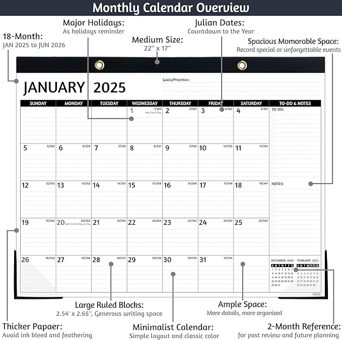 2025-2026 Desk Calendar β Jan 2025 β Jun 2026, 18 Monthly Calendar 2025-2026, Large Desk Calendar, 22'' x 17'', 2025 Desk/Wall Calendar with Desk Pad, To-do Lists, Ruled Blocks, Corner Protectors