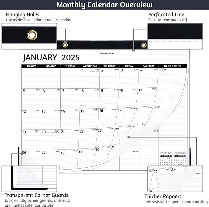 2025-2026 Desk Calendar β Jan 2025 β Jun 2026, 18 Monthly Calendar 2025-2026, Large Desk Calendar, 22'' x 17'', 2025 Desk/Wall Calendar with Desk Pad, To-do Lists, Ruled Blocks, Corner Protectors
