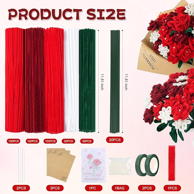 400 Pcs Red Pipe Cleaners for Crafts, 4 Colors Chenille Stems Bulk with Floral Wires, Gardening Tape,Hot Glue Stick,Greeting Card,Bouquet Paper, Pearl & Ribbon, Flowers Craft kit for Christmas