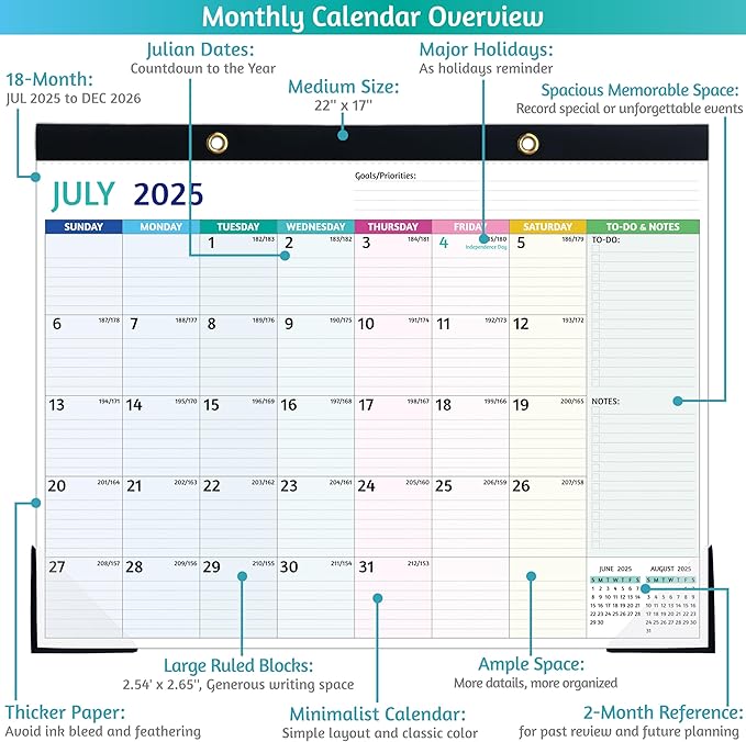 2025-2026 Desk Calendar β Shipped Flat, Large Desk Calendar, 22'' x 17'', Jul 2025 β Dec 2026, 18 Monthly Calendar, Best Desk/Wall Calendar with Desk Pad, To-do Lists, Ruled Blocks, Corner Protectors
