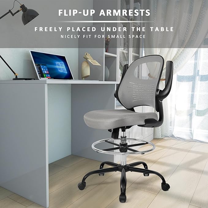 HYLONE Tall Drafting Chair Standing Desk Chair with Flip-Up Armrests, Adjustable Height Ergonomic Office Chair with Footrest Ring - High Stool Chair for Standing Desk(Grey)