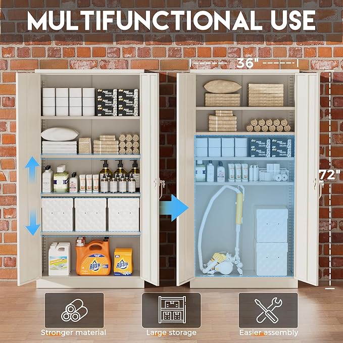 Greenvelly Garage Storage Cabinet,72" Metal Cabinet with 2 Doors and 4 Shelves,Steel File Cabinet for Home Office, Garage, Classroom(Grey 36" X 18")