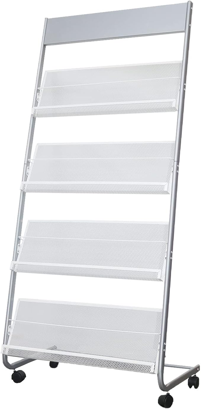 4-Layer Iron Magazine Rack with Wheels, Newspaper Rack, Display Rack, Silver (63)