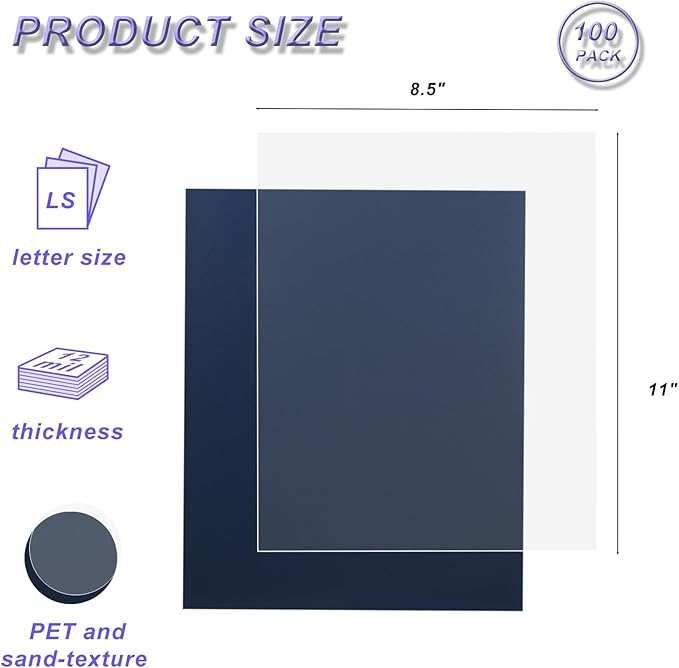 100 Pack Binding Covers Set, 8.5x11 Inches, Including 50 Pcs 12 Mil Ultra Clear PET Binding Covers, 50 Pcs 12 Mil Navy Sand Textured