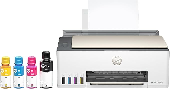 HP Smart Tank 5103 Wireless All-in-One Refillable Ink Tank Printer, Scanner, Copier with 2 Years of Ink and 100 Sheets of Photo Paper Included, Best for Home (5D1B2A)