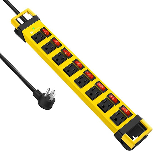Heavy Duty Power Strip with Individual Switches,8 Outlets 14 Gauge Industrial Shop Garage Metal Multiple Outlets,1200J Surge Protector Mountable Power Strip,6FT Extension Cord Management(Yellow)