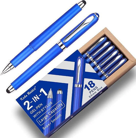Gel Ink Rollerball Stylus Pen - 18 Pack,0.5mm Fine Point,2 in 1 Capacitive Stylus Pen,Large Capacity Blue Ink,Writing Smoothly for Office,Business,Gift,Metal Silver Clip