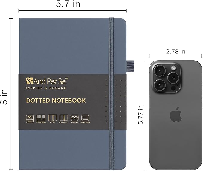 &And Per Se Dotted Journal Notebook, A5 Hardcover Bullet Dotted Journal, 160 Pages 100 gsm Thick Dotted Paper, 3 Sheets of Stickers Included - 5.7'' x 8''（Dark Blue）