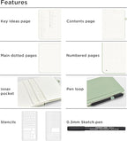 &And Per Se Bullet Dotted Journal Notebook, A5 Leather Hardcover, 176 Numbered Pages 100GSM Thick Dotted Paper, 2 Sheets of Stencils Included - 5.7'' x 8'' (Light Green)