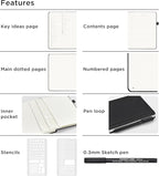 &And Per Se Bullet Dotted Journal Notebook, A5 Leather Hardcover, 176 Numbered Pages 100GSM Thick Dotted Paper, 2 Sheets of Stencils Included - 5.7'' x 8'' (Black)