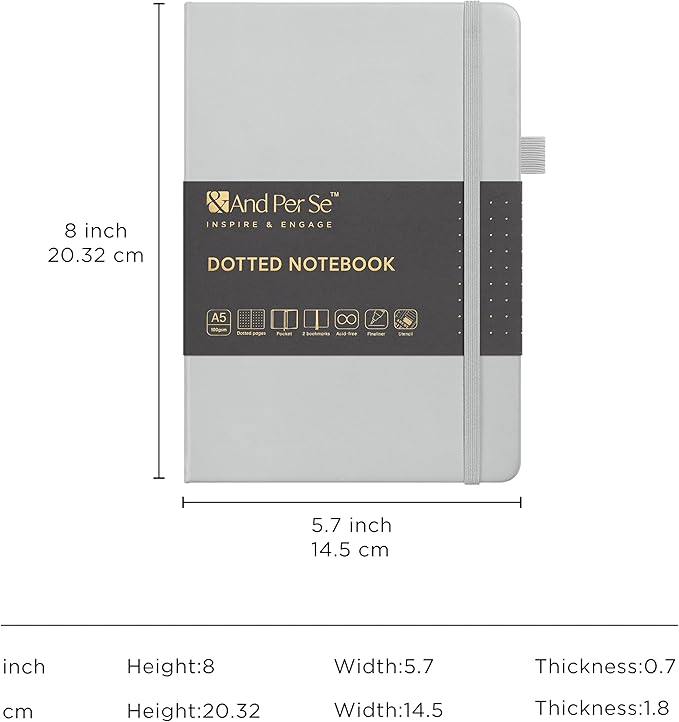 &And Per Se Bullet Dotted Journal Notebook, A5 Leather Hardcover, 176 Numbered Pages 100GSM Thick Dotted Paper, 2 Sheets of Stencils Included - 5.7'' x 8'' (Grey)