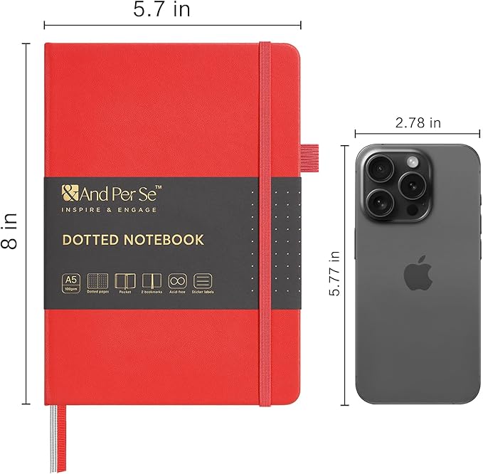 &And Per Se Dotted Journal Notebook, A5 Hardcover Bullet Dotted Journal, 160 Pages 100 gsm Thick Dotted Paper, 3 Sheets of Stickers Included - 5.7'' x 8''（Red）