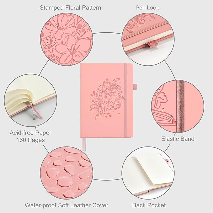 &And Per Se Dotted Journal Notebook for Women&Men with Pattern, A5 Leather Hardcover, 160 Pages 100GSM Thick Dotted Paper, 3 Sheets of Stickers Included(Blush)