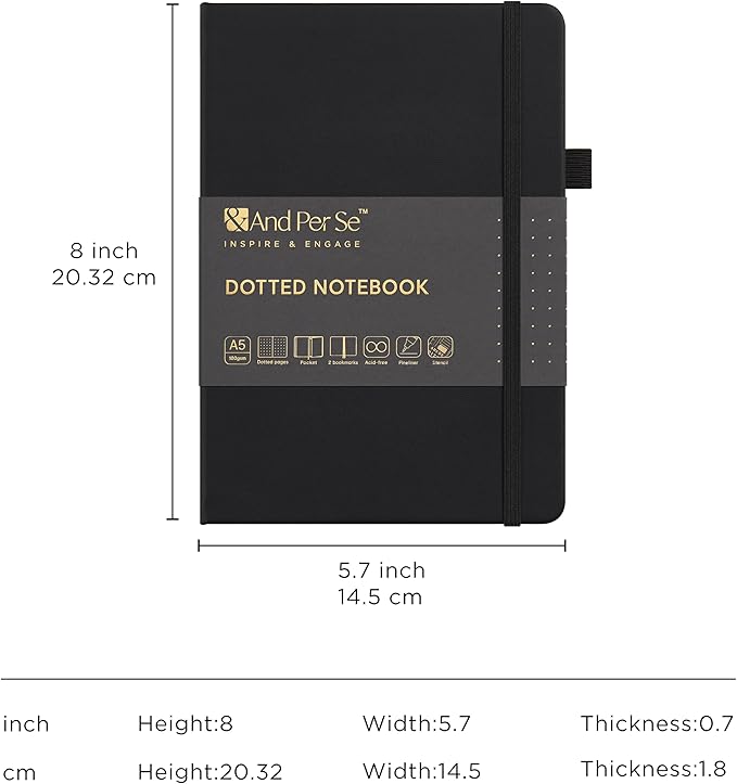 &And Per Se Bullet Dotted Journal Notebook, A5 Leather Hardcover, 176 Numbered Pages 100GSM Thick Dotted Paper, 2 Sheets of Stencils Included - 5.7'' x 8'' (Black)