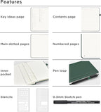 &And Per Se Bullet Dotted Journal Notebook, A5 Leather Hardcover, 176 Numbered Pages 100GSM Thick Dotted Paper, 2 Sheets of Stencils Included - 5.7'' x 8'' (Green)