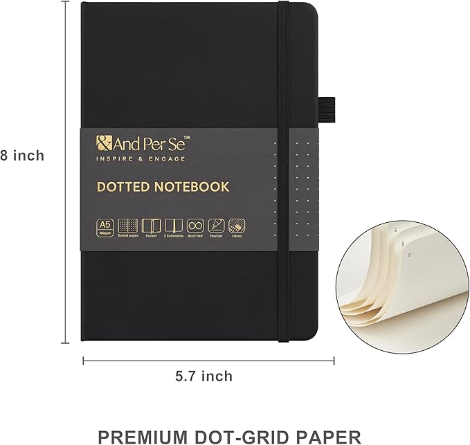 &And Per Se Dotted Journal Notebook Set, A5 Hardcover Dotted Journal (Black), 6 Fineliner Pens, 8 Sticker, 5 Stencil Sheets & 6 Washi Tapes, Journaling Supplies for Planner Schedule