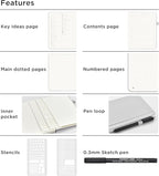 &And Per Se Bullet Dotted Journal Notebook, A5 Leather Hardcover, 176 Numbered Pages 100GSM Thick Dotted Paper, 2 Sheets of Stencils Included - 5.7'' x 8'' (Grey)