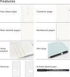 &And Per Se Bullet Dotted Journal Notebook, A5 Leather Hardcover, 176 Numbered Pages 100GSM Thick Dotted Paper, 2 Sheets of Stencils Included - 5.7'' x 8'' (Cyan)