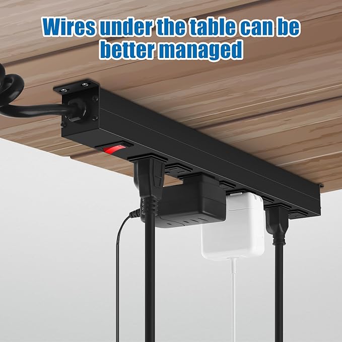 HHSOET 8 Outlet Metal Wall Mount Power Strip, Mountable Outlet with Switch, Heavy Duty Wide Spaced Surge Protector, 6 FT SJT 14AWG Black Spring Cord.