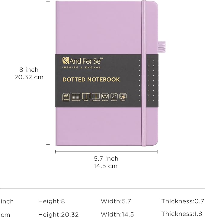 &And Per Se Bullet Dotted Journal Notebook, A5 Leather Hardcover, 176 Numbered Pages 100GSM Thick Dotted Paper, 2 Sheets of Stencils Included - 5.7'' x 8'' (Lavender)