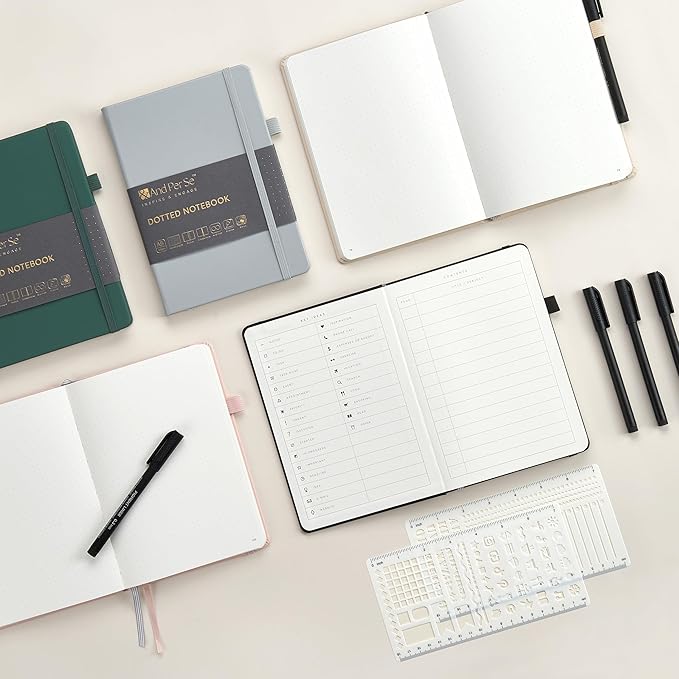 &And Per Se Bullet Dotted Journal Notebook, A5 Leather Hardcover, 176 Numbered Pages 100GSM Thick Dotted Paper, 2 Sheets of Stencils Included - 5.7'' x 8'' (Green)