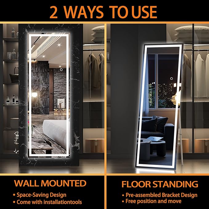 Hasipu Full Length Mirror with Lights, 56" x 15.8" LED Floor Mirror, Full Body Dressing Standing, Hanging Mounted Mirror for Living Room Bedroom Cloakroom, Square White
