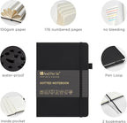 &And Per Se Bullet Dotted Journal Notebook, A5 Leather Hardcover, 176 Numbered Pages 100GSM Thick Dotted Paper, 2 Sheets of Stencils Included - 5.7'' x 8'' (Black)