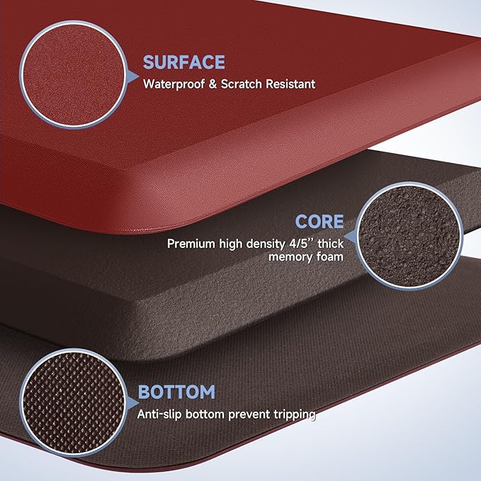 4/5 Inch Thick Kitchen Mat Anti Fatigue Mat Kitchen Rugs Kitchen Decor Non-Slip, Stain Resistant, Waterproof Kitchen Mats Desk Mat for Kitchen, Office, Workshop, Red, 17'' x 60''