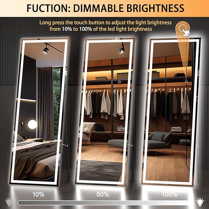 Hasipu Full Length Mirror with Lights, 65" x 20" LED Floor Mirror, Full Body Dressing Standing, Hanging Mounted Mirror for Living Room Bedroom Cloakroom, Square Black