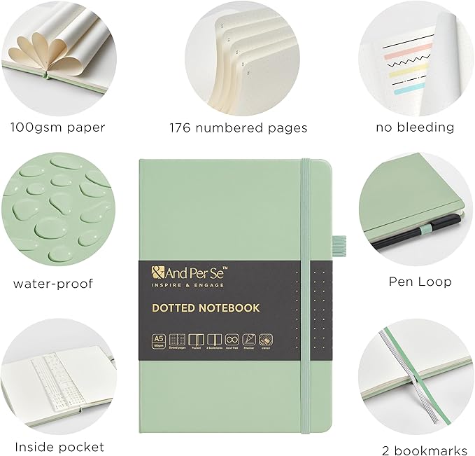 &And Per Se Bullet Dotted Journal Notebook, A5 Leather Hardcover, 176 Numbered Pages 100GSM Thick Dotted Paper, 2 Sheets of Stencils Included - 5.7'' x 8'' (Light Green)