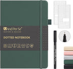 &And Per Se Bullet Dotted Journal Notebook, A5 Leather Hardcover, 176 Numbered Pages 100GSM Thick Dotted Paper, 2 Sheets of Stencils Included - 5.7'' x 8'' (Green)